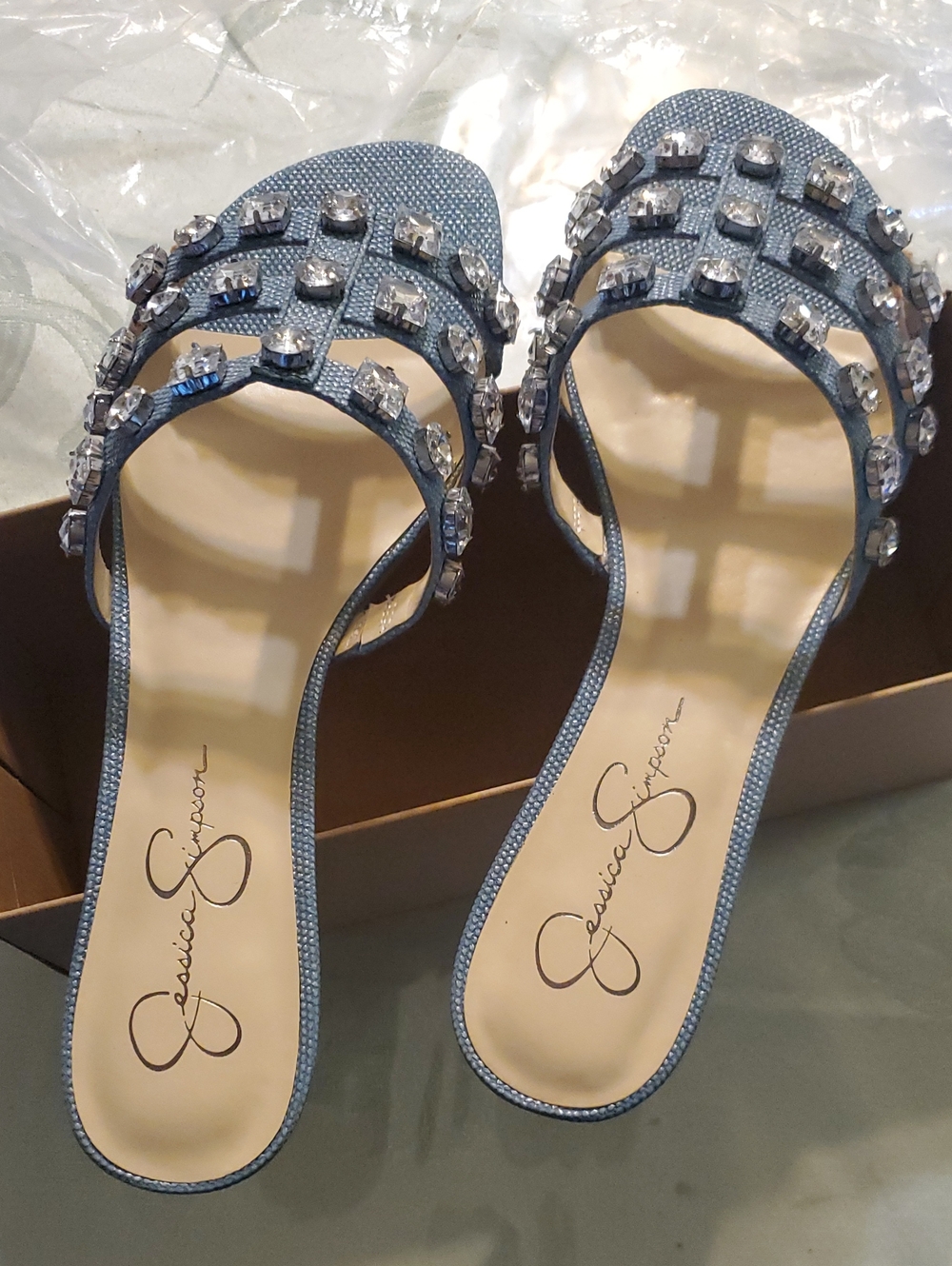Jessica Simpson Blue Jeweled Slide Sandals